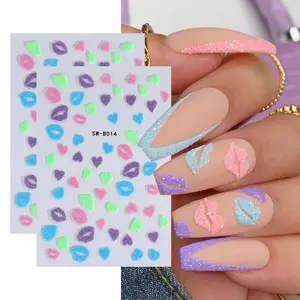 2 Pcs Lip Print Nail Art Stickers, Glitter Lips Romantic Valentine's Day Design, DIY Self-Adhesive Nail Decals for Women and Girls