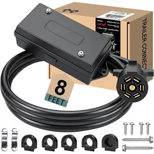 7 Pin Trailer Wiring Harness Kit 8 Feet, 7 Gang Waterproof Junction Box with Heavy Duty 7 Way Trailer Cord Pigtail, Double Prongs Connector Inline Cable for RV Standard (8ft)