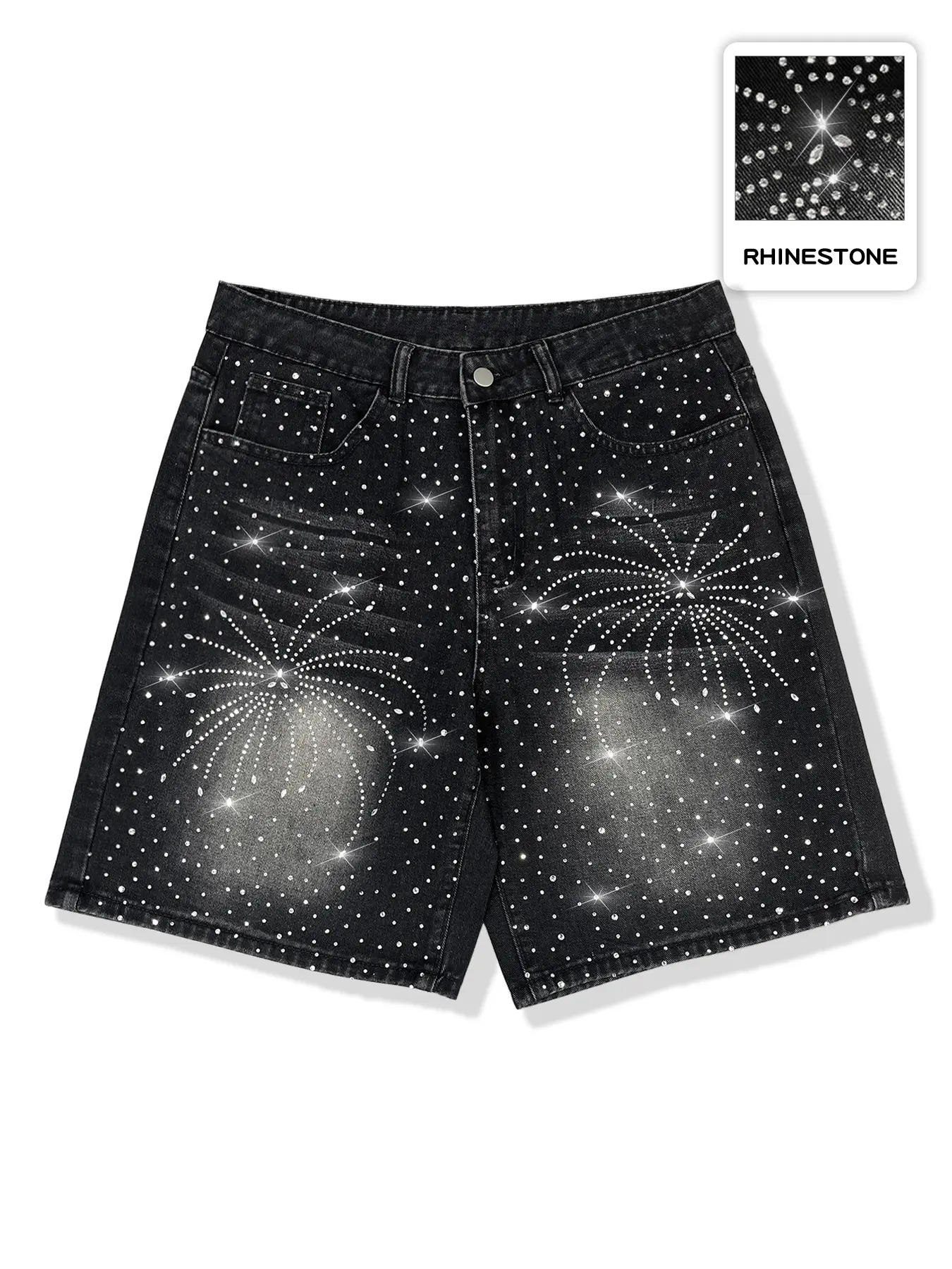 Hip hop baggy jeans Starry Sky Jeans high street diamond-encrusted embroidery casual denim shorts, cropped jeans, letter embroidery casual denim jeans, American street style, fashionable daily wear denim High Waisted Shorts