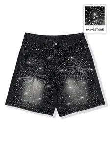 Hip hop baggy jeans Starry Sky Jeans high street diamond-encrusted embroidery casual denim shorts, cropped jeans, letter embroidery casual denim jeans, American street style, fashionable daily wear denim High Waisted Shorts