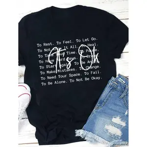 Okay Text TShirt Inspirational Mental Health Positive Energy Quotes Loose Fit WomenRoundNeck ShortSleeve Patterned SlimFit Top