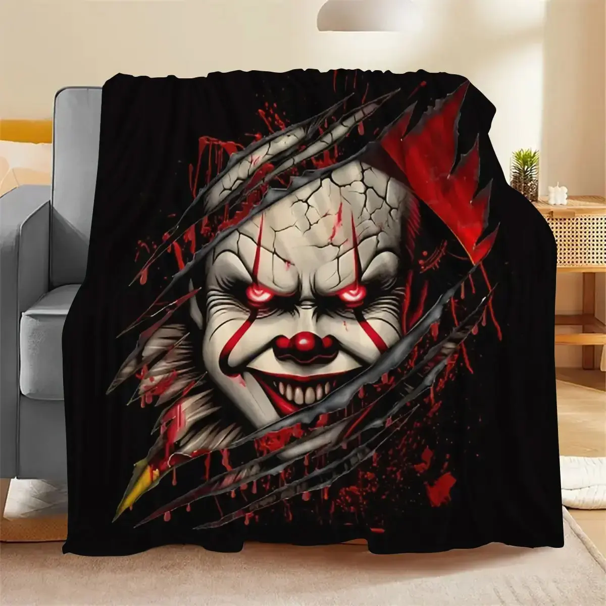 Pennywise Clown Horror Movie Flannel Throw Blanket - 280GSM Soft Plush, Pennywise Face & Red Black Splatter Design, All-Season, Machine Washable, Cozy for Bedroom & Camping, IT Movie Fan Gift for Horror Enthusiasts