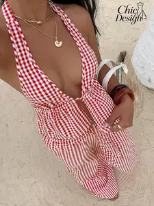 2026 Spring Summer European Style Striped Plaid Set, New Checkered Vest Top, Sexy Tie Back Reveal Back Long Pants, Casual for Women