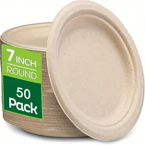50Pack Compostable Heavy-Duty 7 Inch White Bagasse Plates, Disposable Sugarcane Fiber Biodegradable Paper Plates for Food Service, Break-Resistant, Microwave Safe, Stackable