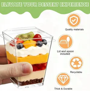 50 Pack Clear Square Disposable Dessert Cups with Matching Lids & Spoons, Stackable Plastic Parfait Container for Mousse Fruit Trifle Yogurt & Party Individual Mini Treats