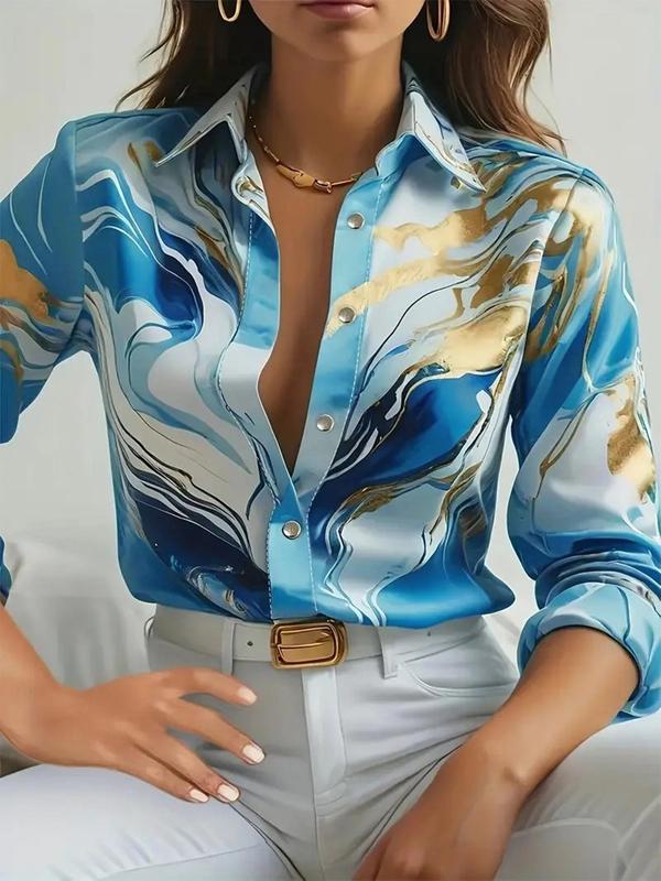 Women's Random Print Curved Hem Satin, Casual Long Sleeve Button Front Collared Blouse Top for Daily Wear, Ladies Clothes for All Seasons