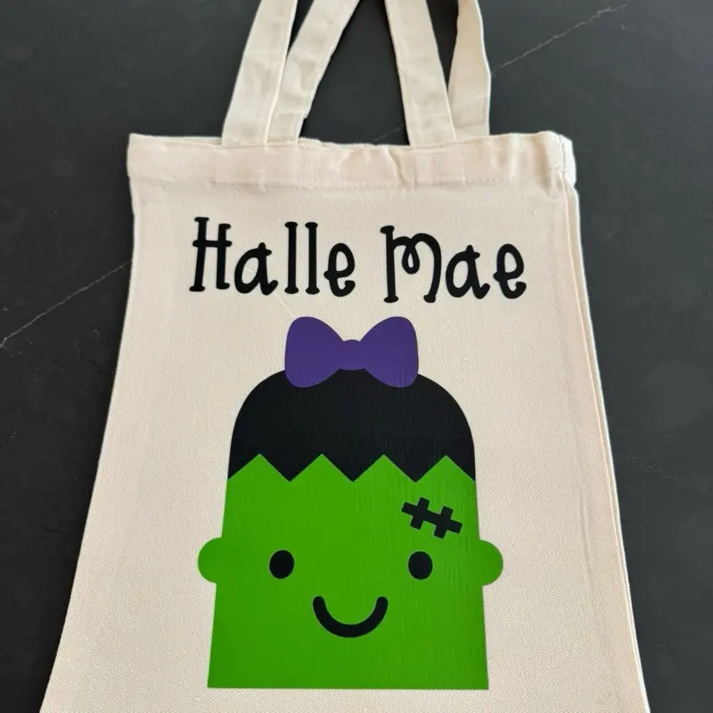 Personalized Mini Frankenstein Tote Bag - Adorable Spooky Design for Kids - Lightweight 100% Cotton Canvas - Perfect for Halloween Trick-or-Treating & Costume Parties