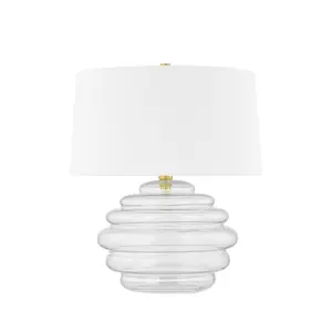 Oshawa Table Lamp With Clear Glass Body, Aged Brass Frame, And White Linen Shade
