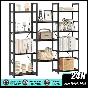 Triple Column 4 Tier Bookshelf, Bookcase with 11 Open Display Shelves, Adjustable Rustic Industrial Style Book Shelves, Modern Bookshelves for Bedroom, Living Room and Home Office,  Display Standing Shelf Units, Metal and Wood Storage Rack Organizer