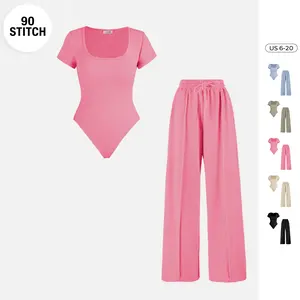 90Stitch Women's Minimalist Square Neck Shapewear Bodysuit & High Waist Wide Leg Pants Co-ord Set, Slimming Figure Shaping Two Piece Outfit, Elegant Casual Going Out Streetwear for Fall Winter Daily