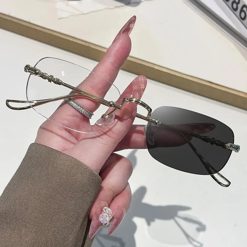 Rimless Chrome Titanium Blue-Light Blocking Glasses with Photochromic Non-Prescription Lenses