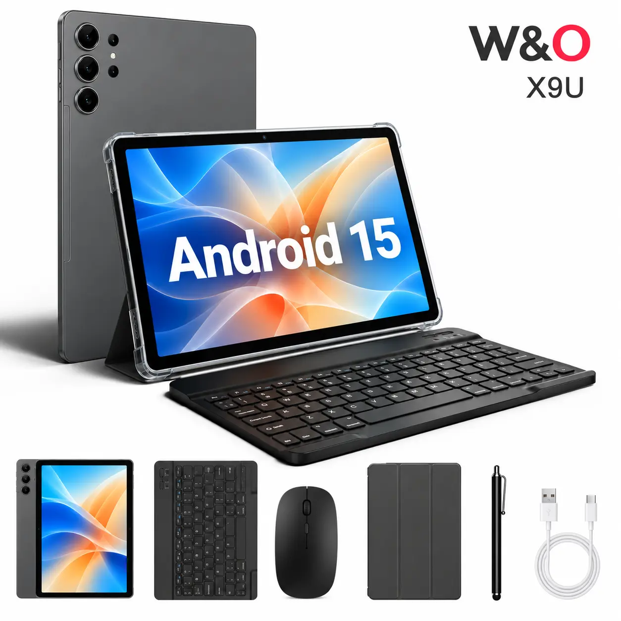 W&O X9U 11 Inch Android Tablet with Keyboard, Android 15, 12GB+256GB, 10000mAh Battery, GPS, 5G Network, Wireless Mouse, Stylus & Protective Case Included