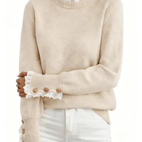 Yukari Women's Coquette Lacy Round Neck Long Sleeve Breathable Knit Pullover - Loose Comfy Fit, 3D Texture, Nylon, Rayon, Casual Chic, Knitwear for Chilly Days, Versatile Basic Top