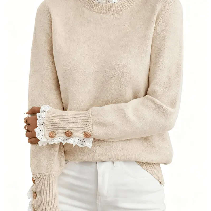 Yukari Women's Coquette Lacy Round Neck Long Sleeve Breathable Knit Pullover - Loose Comfy Fit, 3D Texture, Nylon, Rayon, Casual Chic, Knitwear for Chilly Days, Versatile Basic Top