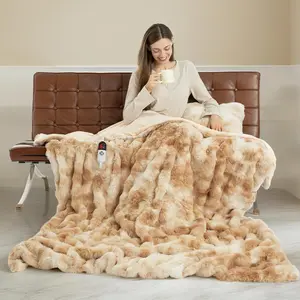 Faux  Heated Throw Blanket for Couch - 50"X60" Bubble Faux  Electric Blanket Fluffy Fuzzy Soft Thick with 6 Fast Heating Levels & 4 hrs Timer Settings, Washable & ETL Certified, Tie-Dye Beige