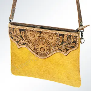 American Darling Wallet Bag Hand Tooled Floral Carved Hair-On Cowhide Genuine Leather Purse with YKK Zipper