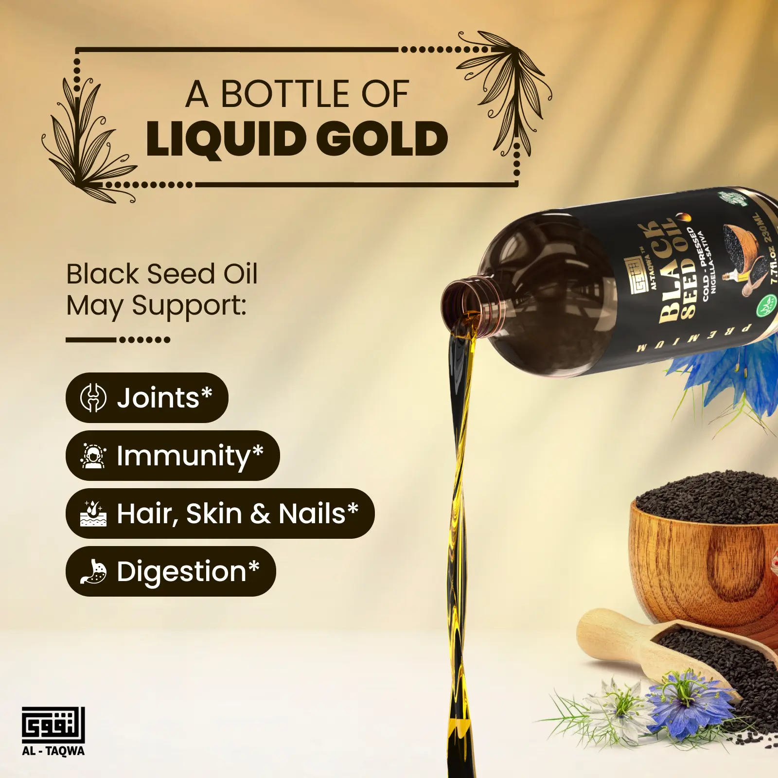 Al-Taqwa Organic GMO-Free Cold-Pressed Natural Black Seed Oil 230 ML - Body Care Soothing Oil with Vitamins for Joint Support, Immune Boost, Body Massage