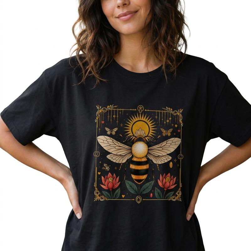 Vintage Boho Mystical Bee Women's 100% Cotton Botanical Floral Sun Graphic T-Shirt