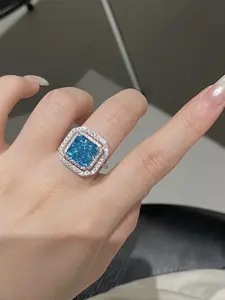 Pure Silver Ring with Aquamarine Stone, Redain Cut High Carbon Diamond, Exaggerated Style Party Ring for Women, European and American Fashion, Solitaire Ring