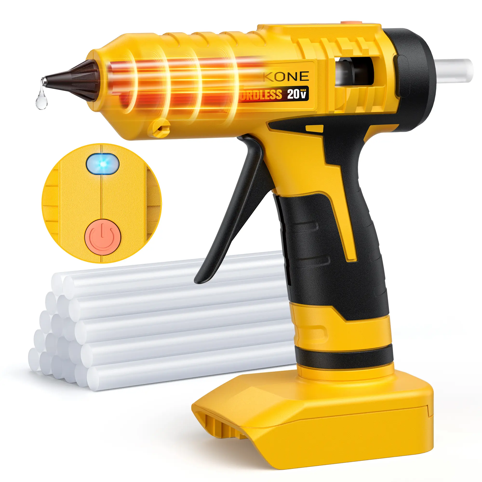 SEEKONE 20V Cordless Hot Glue Gun, Overheat-Safe, PA6+30%GF Build, W/20 Yellow & Black Glue Sticks, for Crafters & DIY Home Projects