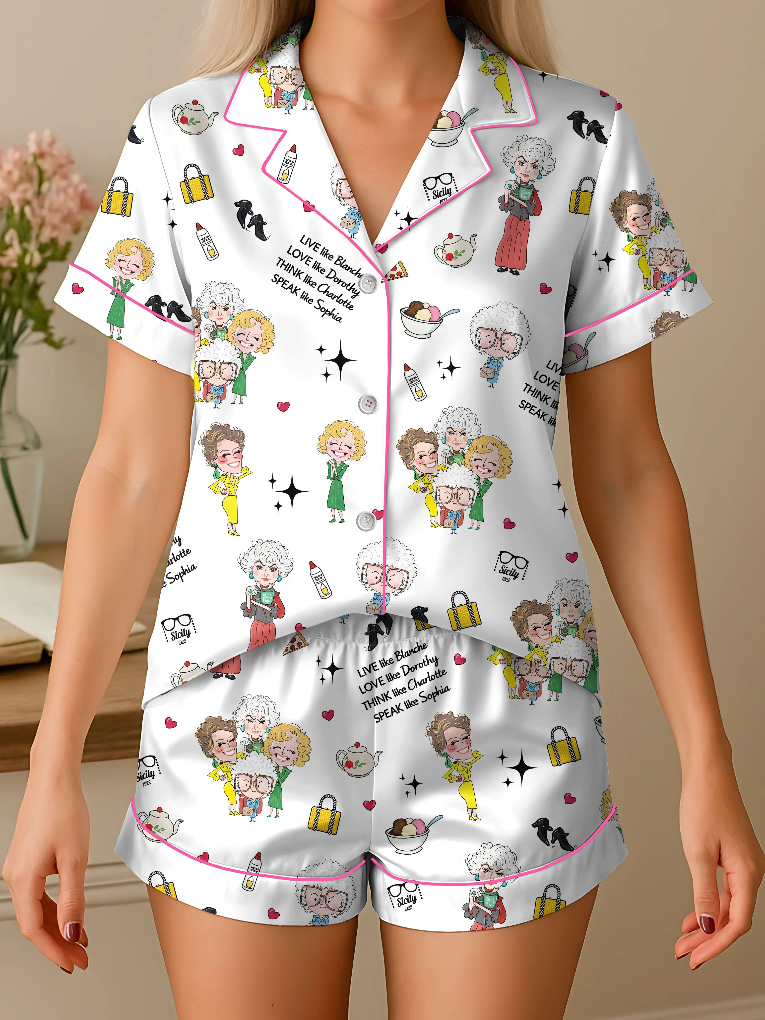 The Golden Girl Satin Pajamas Set, Golden Girls Classic Role Printed Lapel Short Sleeve Shorts Pajama Set, Comfortable Wearable Party Gift Homewear, All Seasons Casual Style