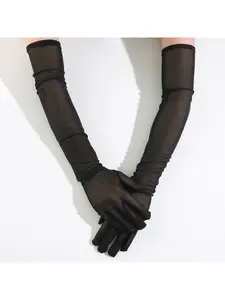 Women's Sheer Extra Long Gloves Black Elastic Lace Mesh Semi-transparent Opera Halloween Banquet Gloves
