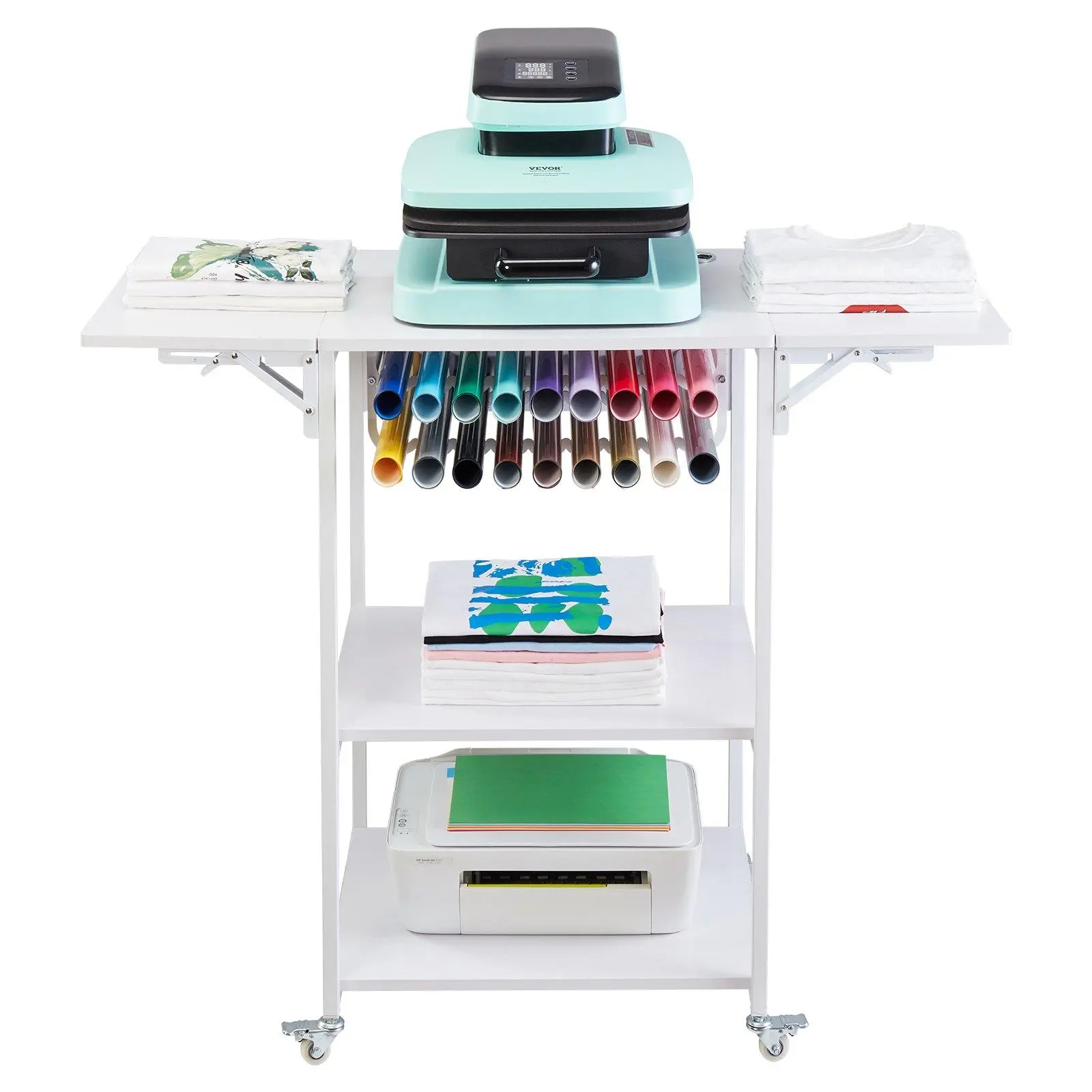 Spring New Arrivals Heavy-Duty Metal Heat Press Table Stand - 3-Tier Multifunctional Folding Cart, Vinyl Tool Trolley with Wheels, Wood Racks, White Organiser for Home Improvement & Building Supplies