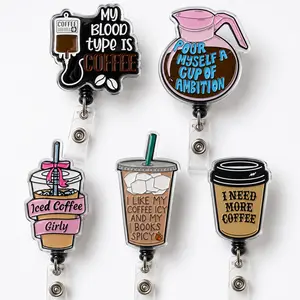 Funny Coffee Acrylic Badge Reel Retractable Iced Coffee ID Card Holder Name Tag Clip For Nurse Teacher Office Gift