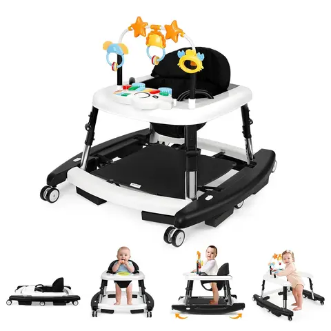 Unisex Plastic Baby Walker for 6-18 Months Infants - 5 Modes Safety Tested Foldable, 3 Adjustable Height Positions, Bouncer + Rocking, Triangular Base, Music, Feeding Tray, Removable Footrest, Portable Breathable Baby Items Activity Stepper,blackfriday