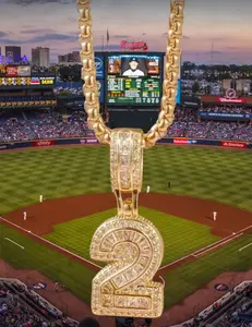 14K Gold Plated Iced CZ Baseball Number Pendant Necklace #2