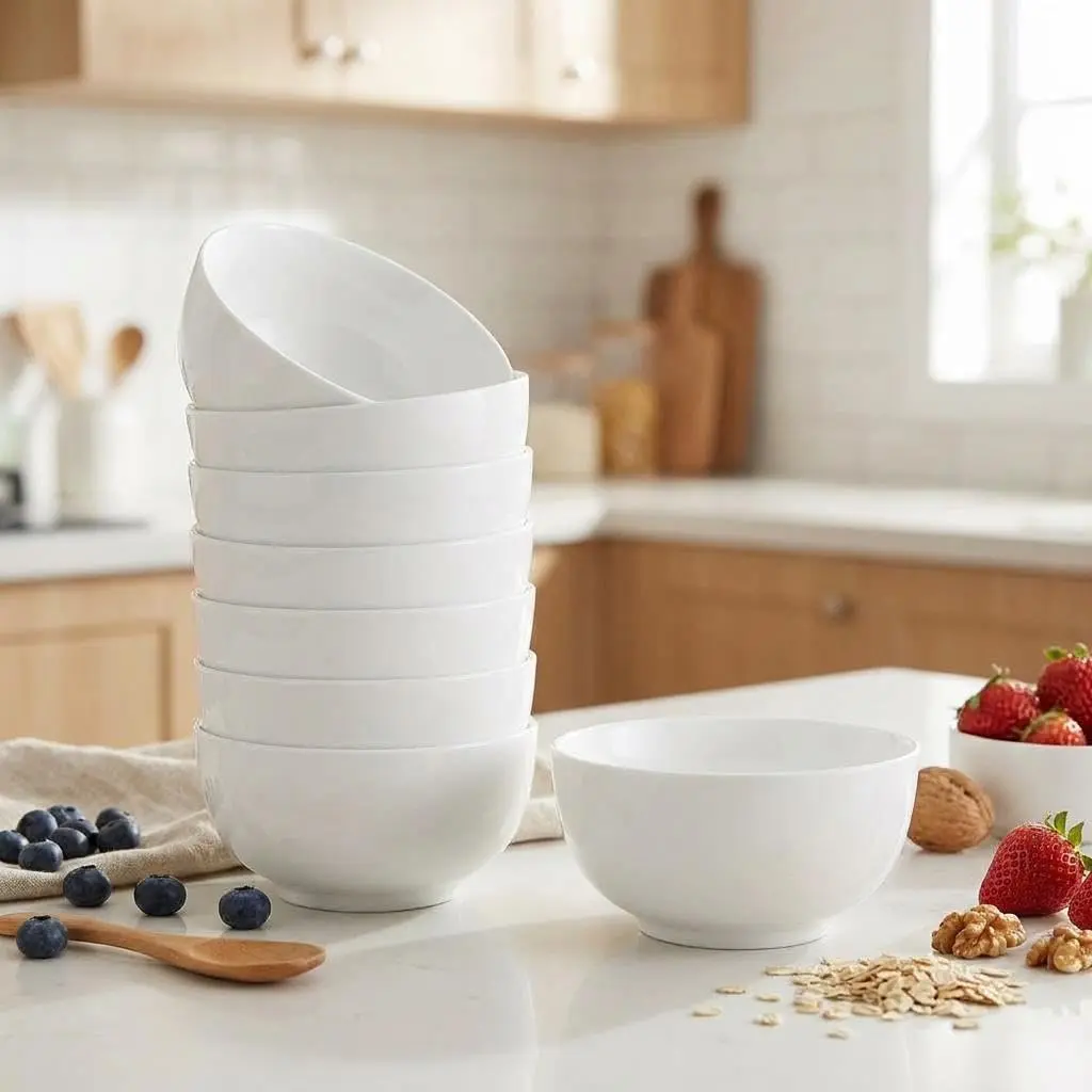 8-Inch Porcelain Tableware Set with 4.5-Inch Sturdy White Bowls, Microwave & Dishwasher Safe for Kitchen Portion Control Desserts