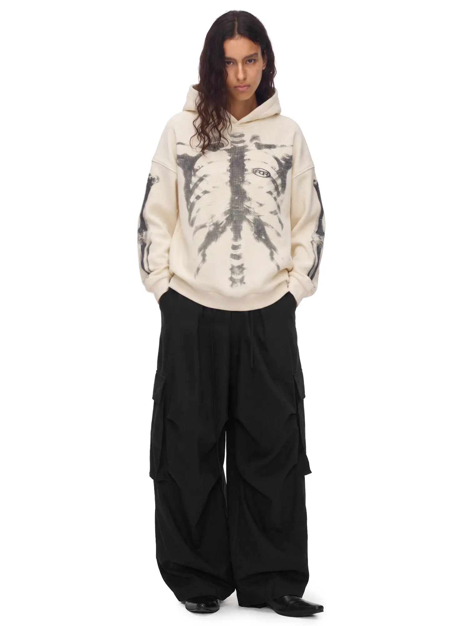 FDR Women’s Waffle Knit X-Ray Skeleton Graphic Crewneck Sweatshirt, Vintage Casual Pullover Top with Y2K American Streetwear Style