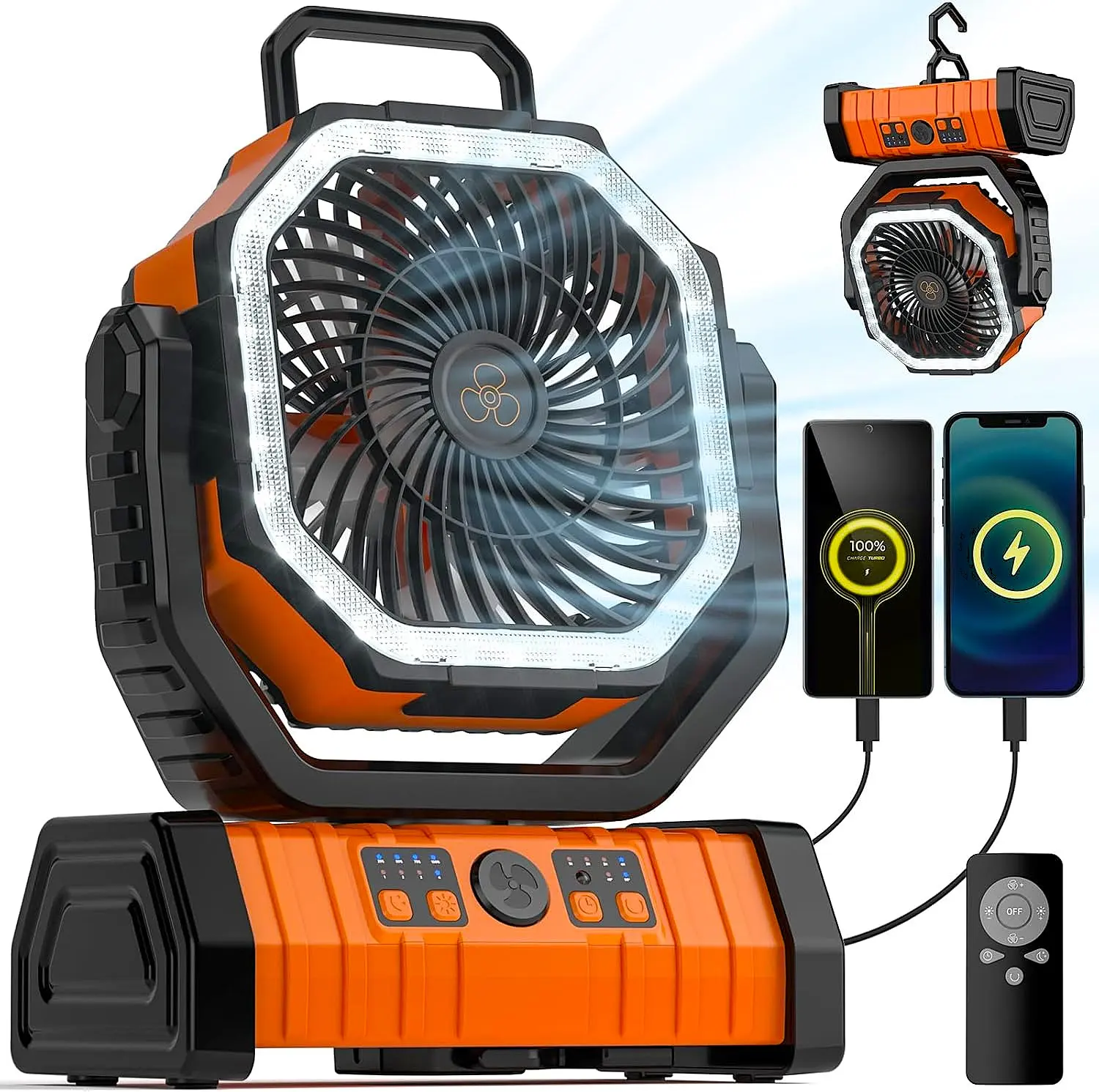 30000mAh Portable Camping Fan with LED Lantern, Auto-Oscillating Rechargeable Outdoor Fan, Touch Panel & Remote Control, 4 Speeds Battery Operated Tent Fan with Hook & Timer, USB Desk Fan for Jobsite, RV, Travel & Emergency, Father's Day Gifts