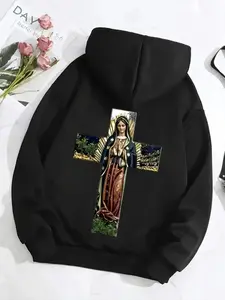 Women's Cross & Virgin Mary Print Thermal Lined Hoodie, Fashion Casual Drawstring Pocket Hooded Sweatshirt for Daily Holiday Outdoor Wear, Women Clothing for Fall & Winter