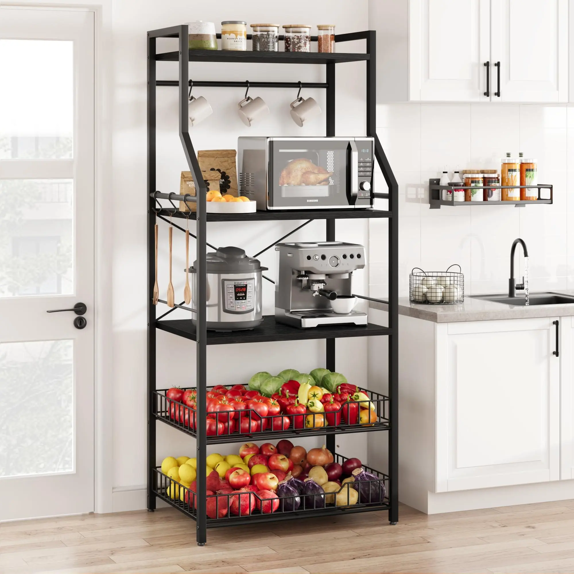 Gaomon 5-Tier Multi-Level MDF Steel Industrial Kitchen Bakers Rack - Microwave Oven Stand with 2 Large Wire Baskets, 8 Hooks, Adjustable ft, Coffee Bar Station for Spice & Pots Organization, Rustic Black, Adjustable Feet