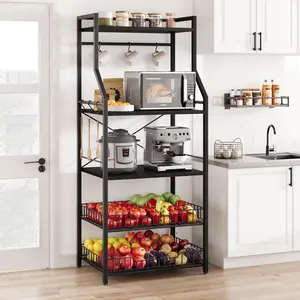 Gaomon 5-Tier Multi-Level MDF Steel Industrial Kitchen Bakers Rack - Microwave Oven Stand with 2 Large Wire Baskets, 8 Hooks, Adjustable ft, Coffee Bar Station for Spice & Pots Organization, Rustic Black, Adjustable Feet