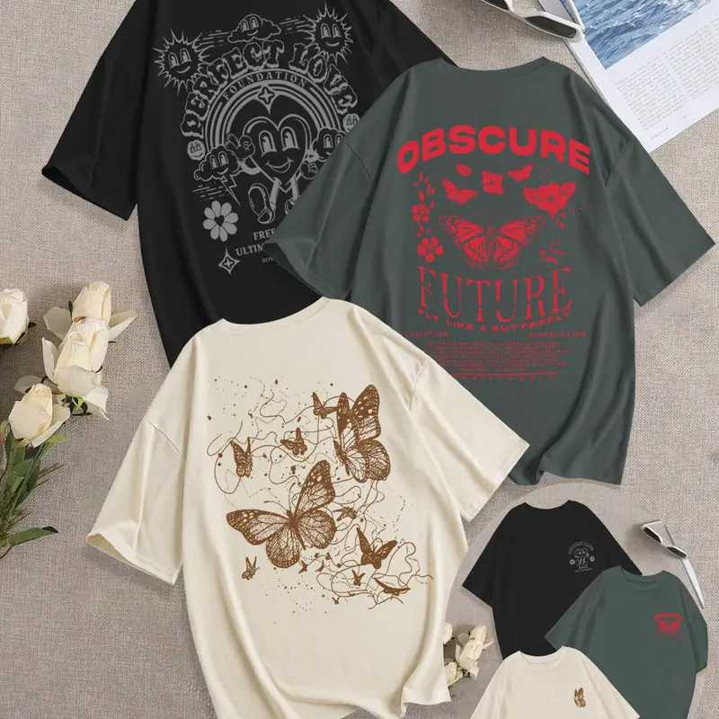 Breathable Casual Loose-fit Butterfly Print T-shirt Top Tee Set, Streetwear Summer Fashion Lightweight Comfortable Women's Clothing Womenswear, Casual T Shirts, Pack Of 3 Lady, Casual Basic Tees