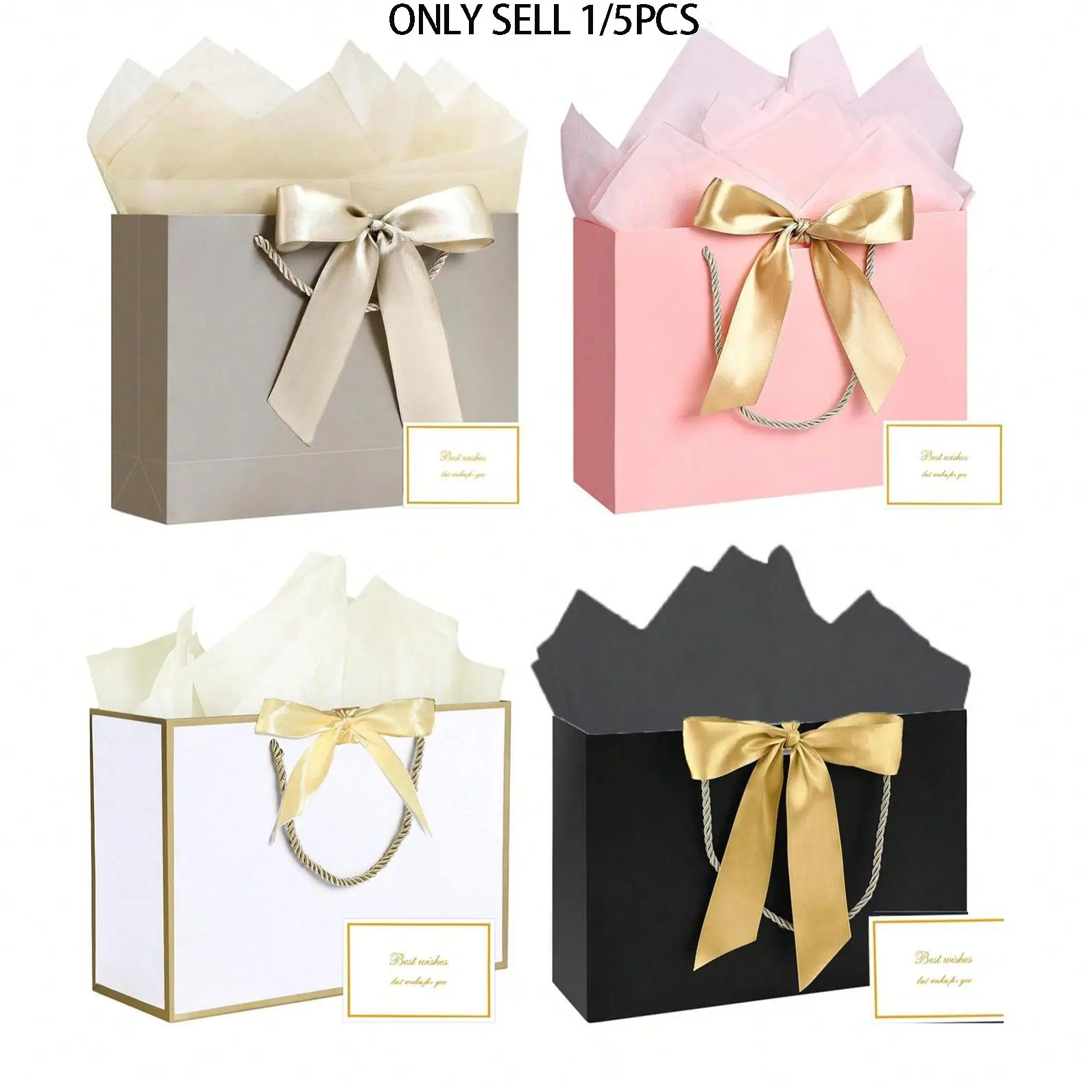 Set of 1/5 Horizontal Gift Bags with Ribbon & Card, Portable Paper Handle Bags for Birthdays, Weddings, Mother's Day Gifts, Party Gift Packs, Gift Bags with Handles, Party Favor Bags, Goody Bags