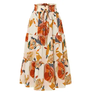 A-shaped skirt pleated skirt floral print elastic waist skirt