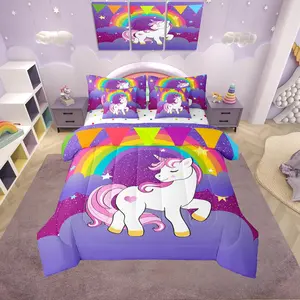 Girls Unicorn 7 Pcs Bedding Set,Cute Rainbow Unicorn Print Comforter Set,Cartoon Kawaii Galaxy Stars Fantasy Girls Unicorn Purple Sheet Set