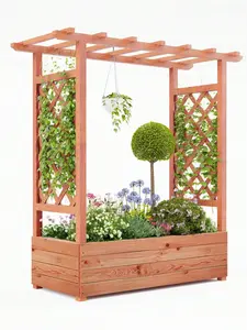 Elevated Garden Bed With Trellis - Wooden Planter Box With Side Supports, Canopy, And 4 Drainage Holes – Perfect For Climbing Plants, Vines, And Blossoms, 43"X17"X45"