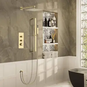 CASAINC Thermostatic Shower System 10 Inch Brushed Gold Rainfall Shower Head with Handheld Wall Mounted Shower Kit