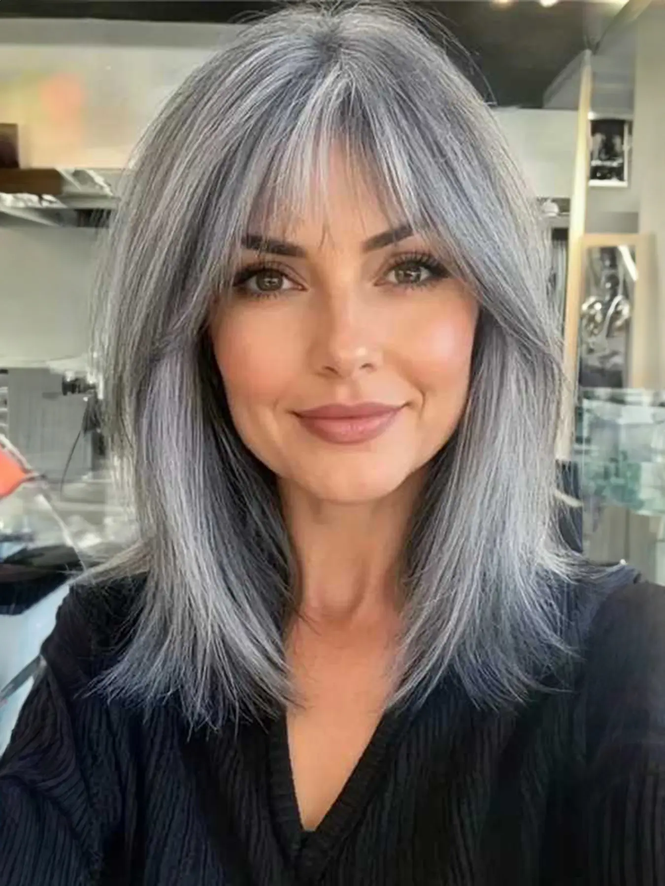 16 Inch Silver High Temperature Fiber Wig, Medium Length Straight Hair with Bangs, Natural Full Headset for Women Daily Wear, Synthetic Hair