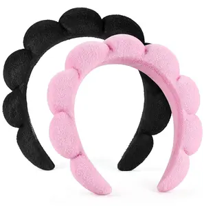 Terry Cloth Headband Combo Pack - Set of 2 for Washing Face or Facial with Pink & Black, Puffy Makeup Headbands for Skincare and Skin Treatment