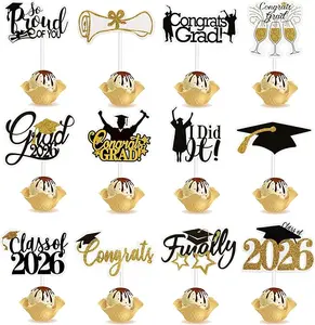 72 PCS Graduation Cupcake Toppers 2026, Class of 2026 Congrats Grad Decorations, Black Gold Glitter Cupcake Picks, Pre-Assembled Graduation Party Supplies, Cap Diploma Cake Toppers for Cupcakes