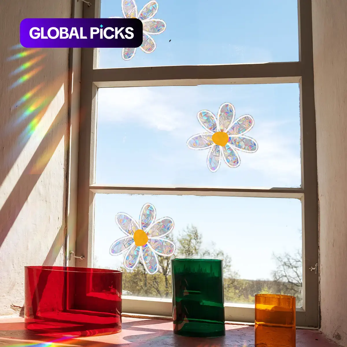 Flower Pattern 2PCS Colorful Self Adhesive Window Sticker, Decorative Decal for Home Window Office Dorm School # GLOBAL PICKS