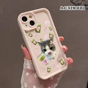 Compatible with iPhone 17 16 E Pro Max 15 Plus 14 13 12 11 XS XR Matcha Girl Cat Vibe Stylish Pastel Anti-Fall Lightweight Soft Protective Cover