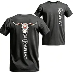 Man's Tribal Skull T-Shirt – Western Bull Skull & Feathers Graphic with Blue Aztec Patterns – Unisex Tee for Country Style &