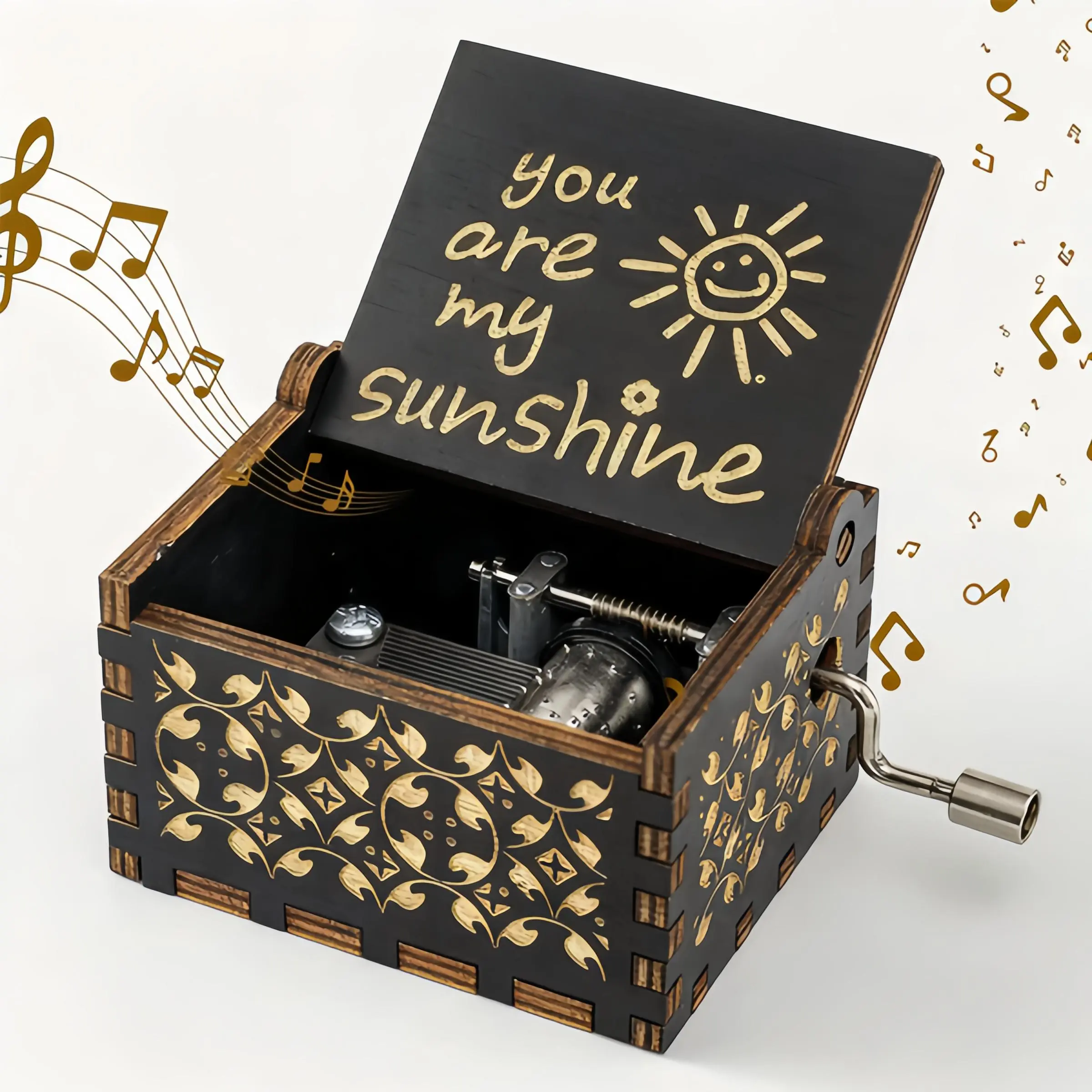 Crank-Powered Classic Vintage Wooden Music Box - Laser Engraved Sun Pattern, Metal Movement, Retro Carved Compact Keepsake, Lightweight Elegant Romantic Fashion Home Decor, Engagement/Wedding Anniversary Gift for Loved Ones