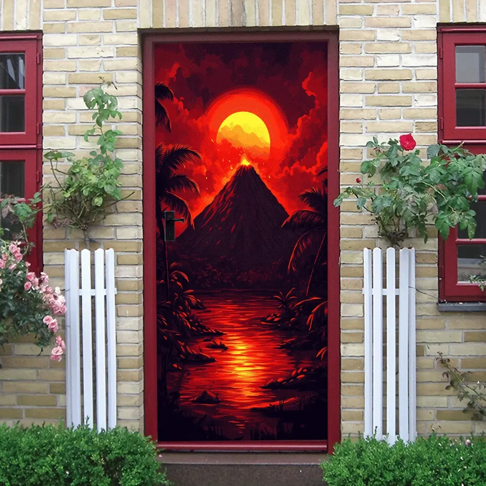 2pcs Volcano Sunset Wall Sticker Tropical Palm Tree River Landscape Decal Living Room Bedroom Wall Decor Self Adhesive Removable PVC Home Art Mural  Collage Self-Adhesive Door Sticker